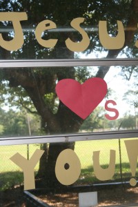 Kindergartners are greeted daily by this special message on a window in their classroom.